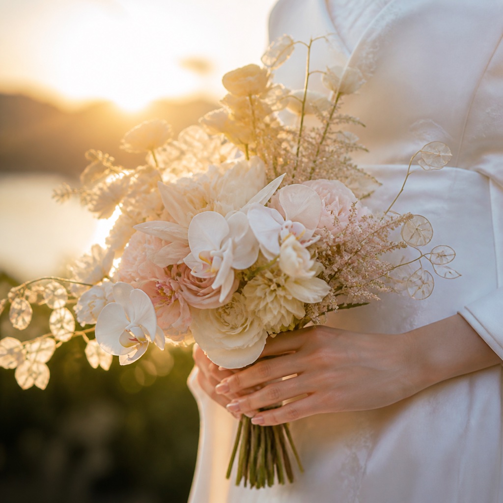 金色の夕陽に照らされた、花嫁のブーケとシルクのドレスの手元