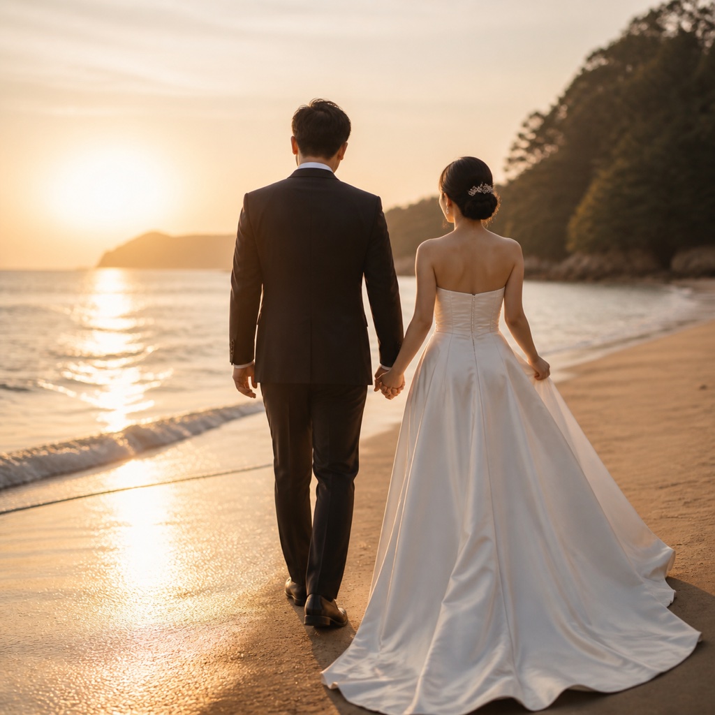 夕暮れの海辺を手をつないで歩く新郎新婦の後ろ姿