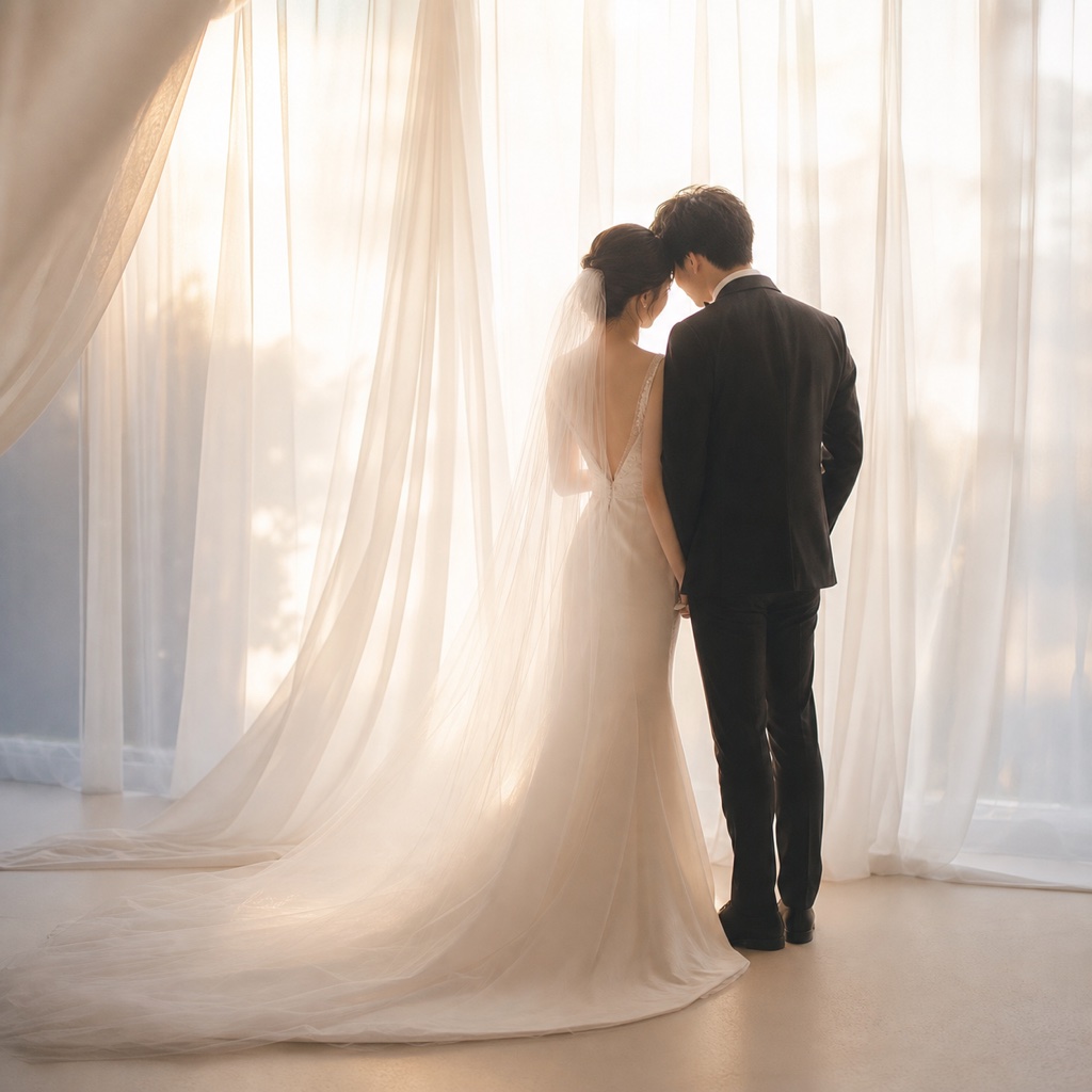 白いシルクカーテン越しに西日が差し込む自然光スタジオで寄り添う新郎新婦